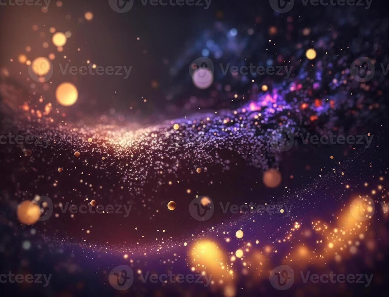 Dark blue and glow particle abstract background Blurry bokeh background with sparkles, particles and glitter created with technology photo