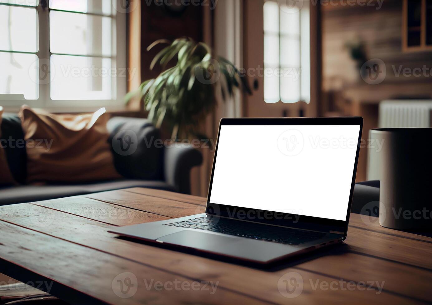 ordenador portátil en un mesa con un blanco pantalla. computadora en el departamento. ai generado foto