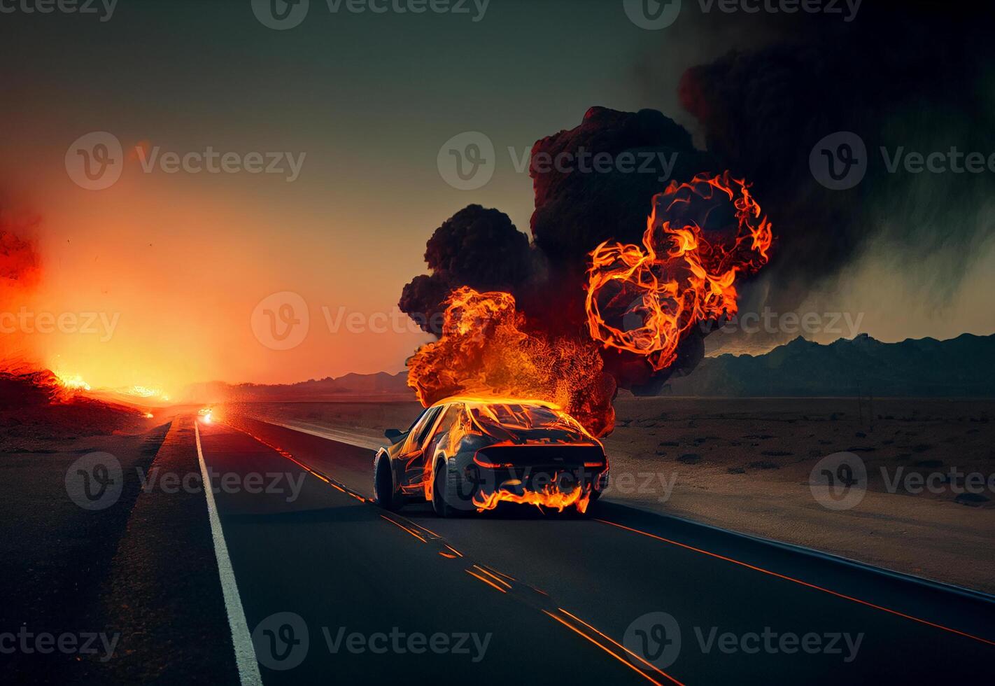 ardiente coche en el carretera. el coche tiene estado en un accidente y es en fuego. ai generado foto
