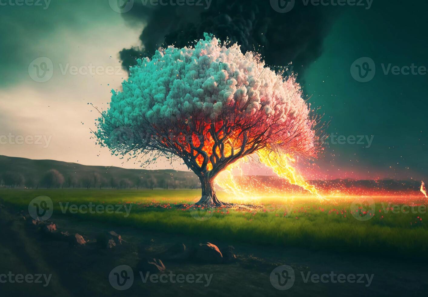 burning tree in the field. forest fire. ai generated 22323538 Stock