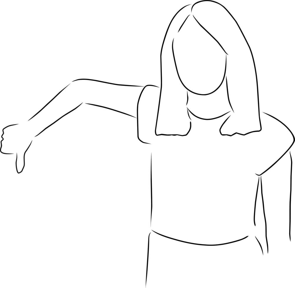 Woman showing thumbs down, vector. Hand drawn sketch. vector