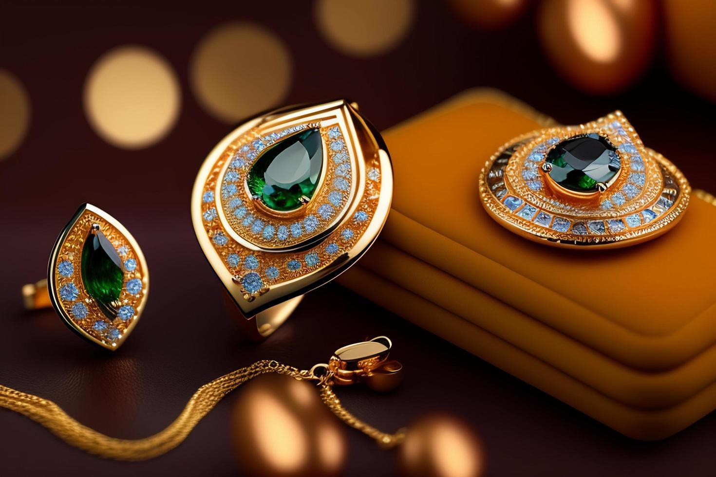 Luxury golden earrings with emeralds on black background photo