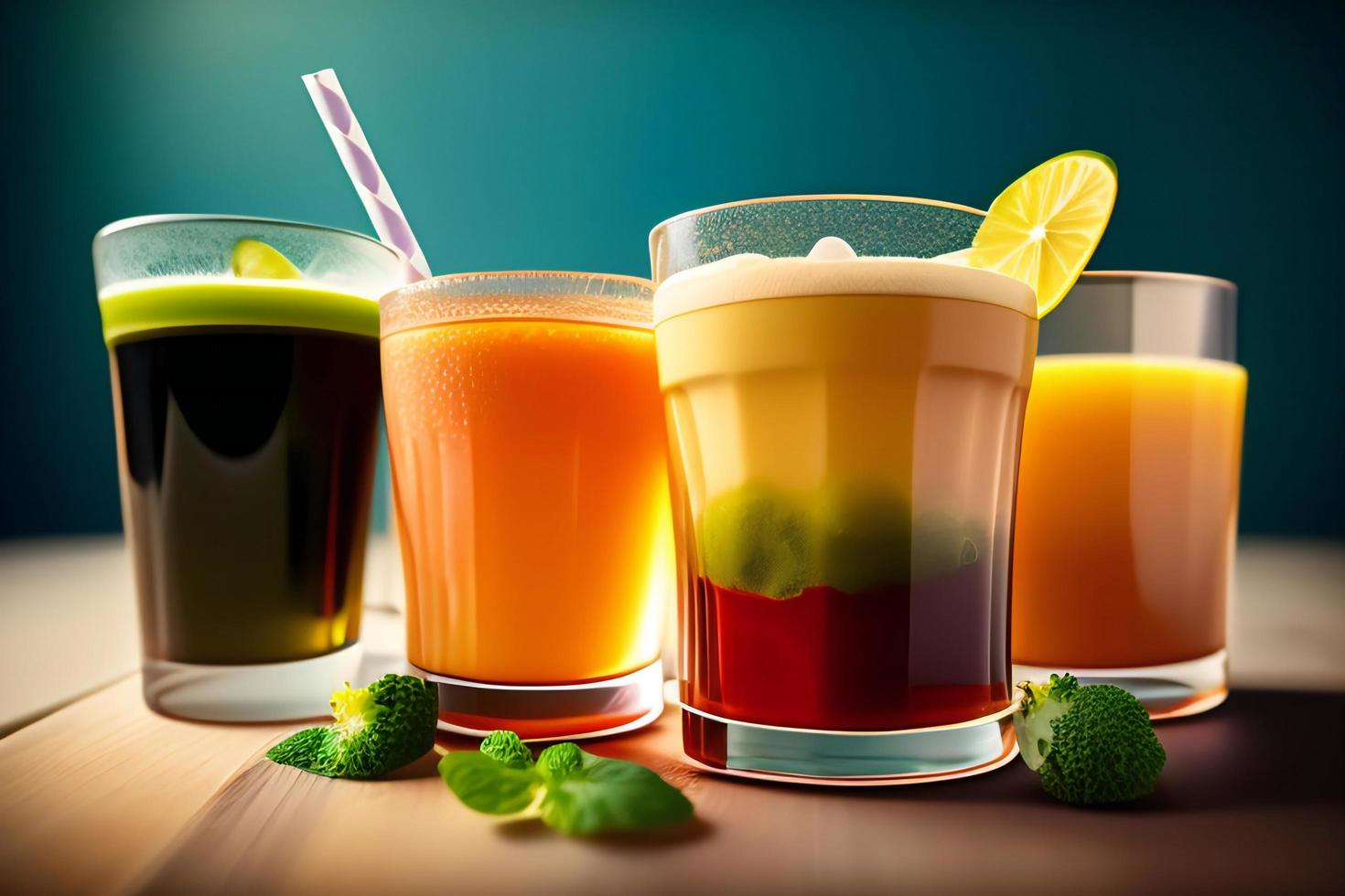 Variety of fruit juices in glasses on wooden table. Toned. photo