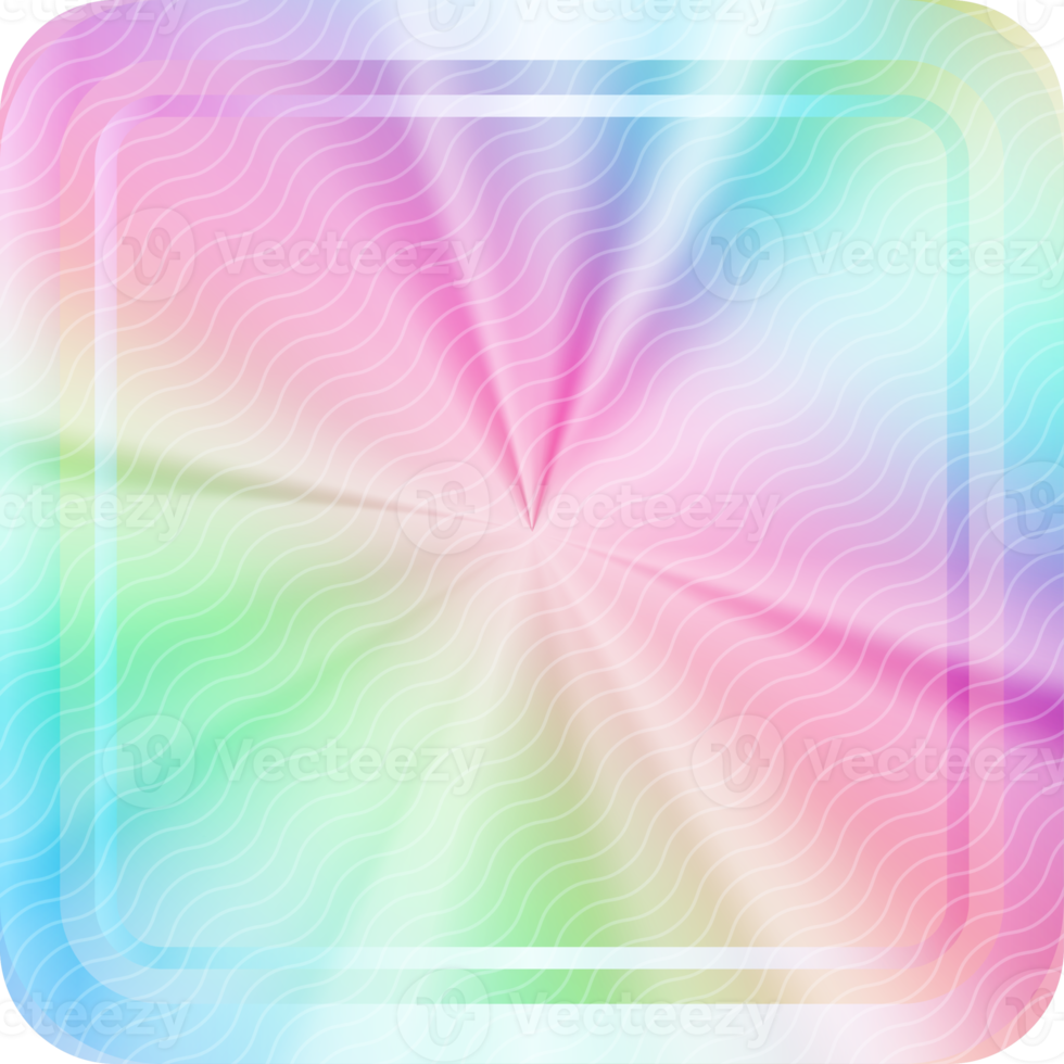 holográfico adesivo. arco Iris rótulo gradiente carimbo. metal textura distintivo. iridescente arco Iris frustrar dentro quadrado forma. néon emblema png
