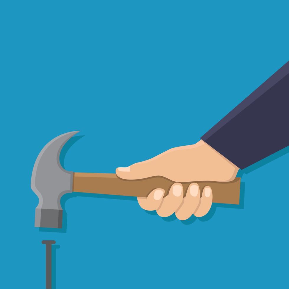 Hand holding hammer and a nail, flat design vector illustration