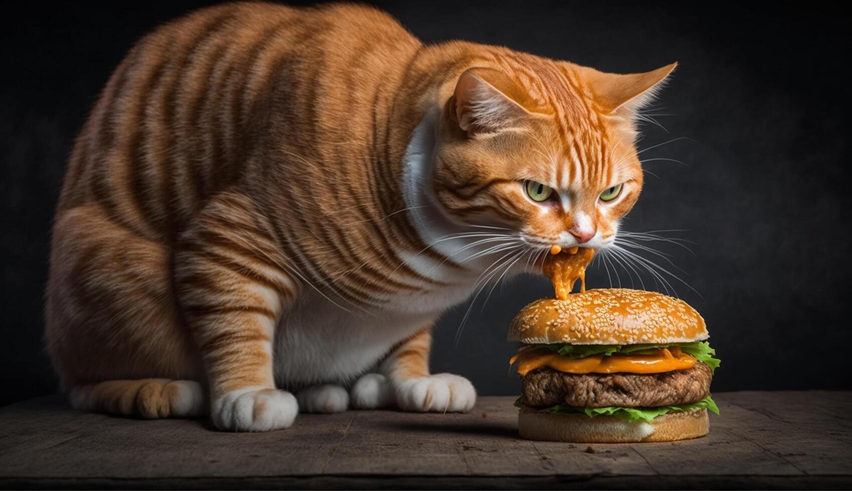 Ginger cat eats burger AI Genertaive 22324074 Stock Photo at Vecteezy