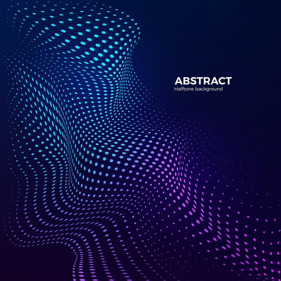 Halftone design element motion effect for music design or sport. Abstract colorful halftone background with dynamic waves. Warp dots surface. Vector illustration in blue and purple colors