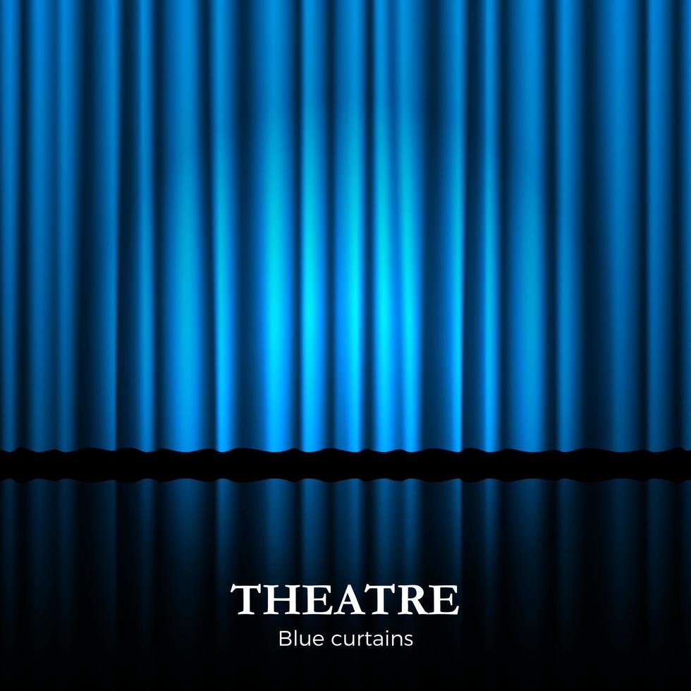 Closed blue theater curtain with spotlight and reflection in bottom. Background for banner or poster. Vector illustration
