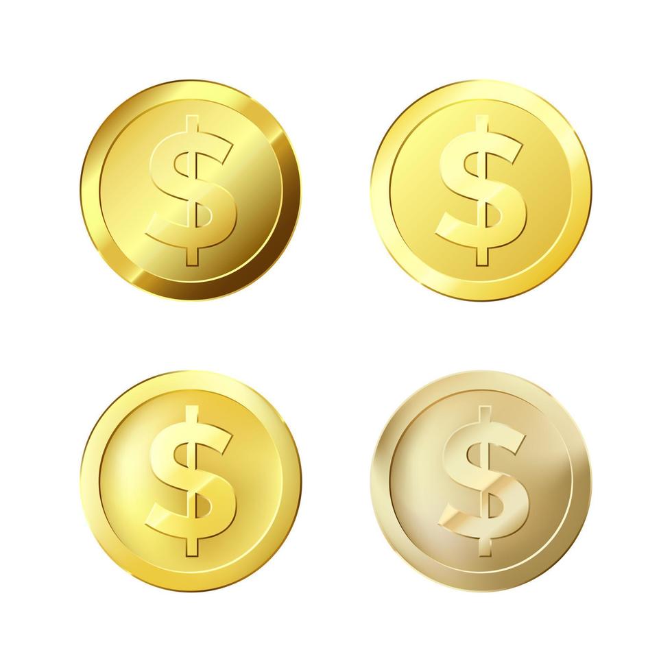Golden Coins. Set of different gold coins. Glossy color money. Vector