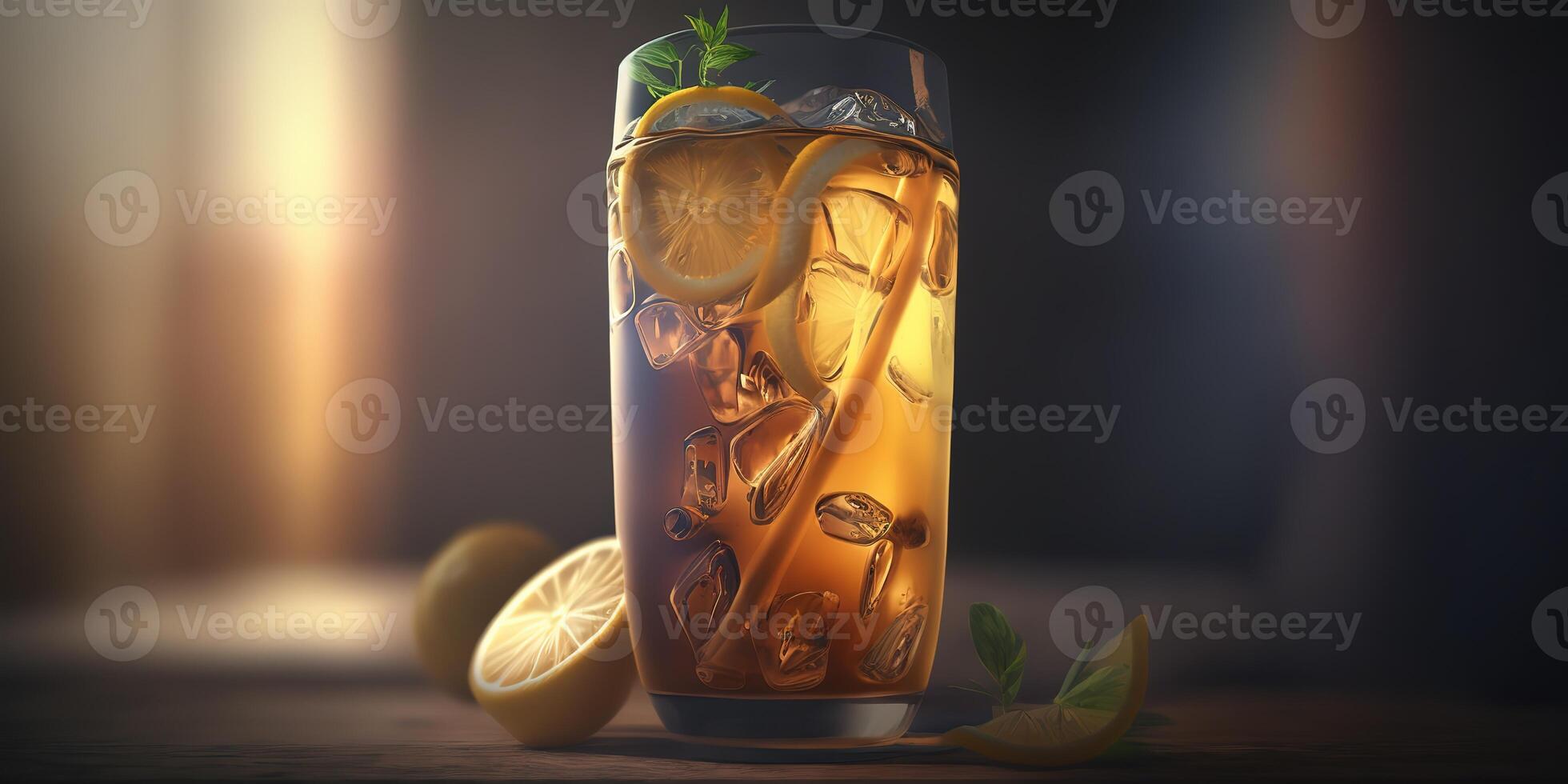 a glass of lemon ice tea with blurred background AI photo