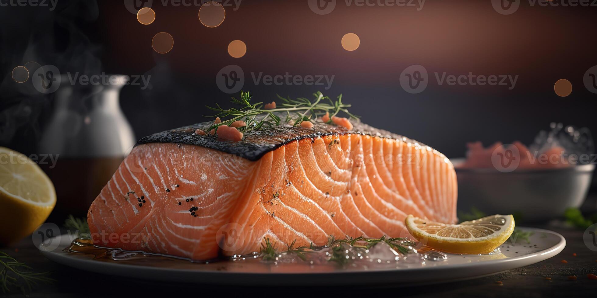 delicioso salmón filete jugoso en borroso antecedentes foto