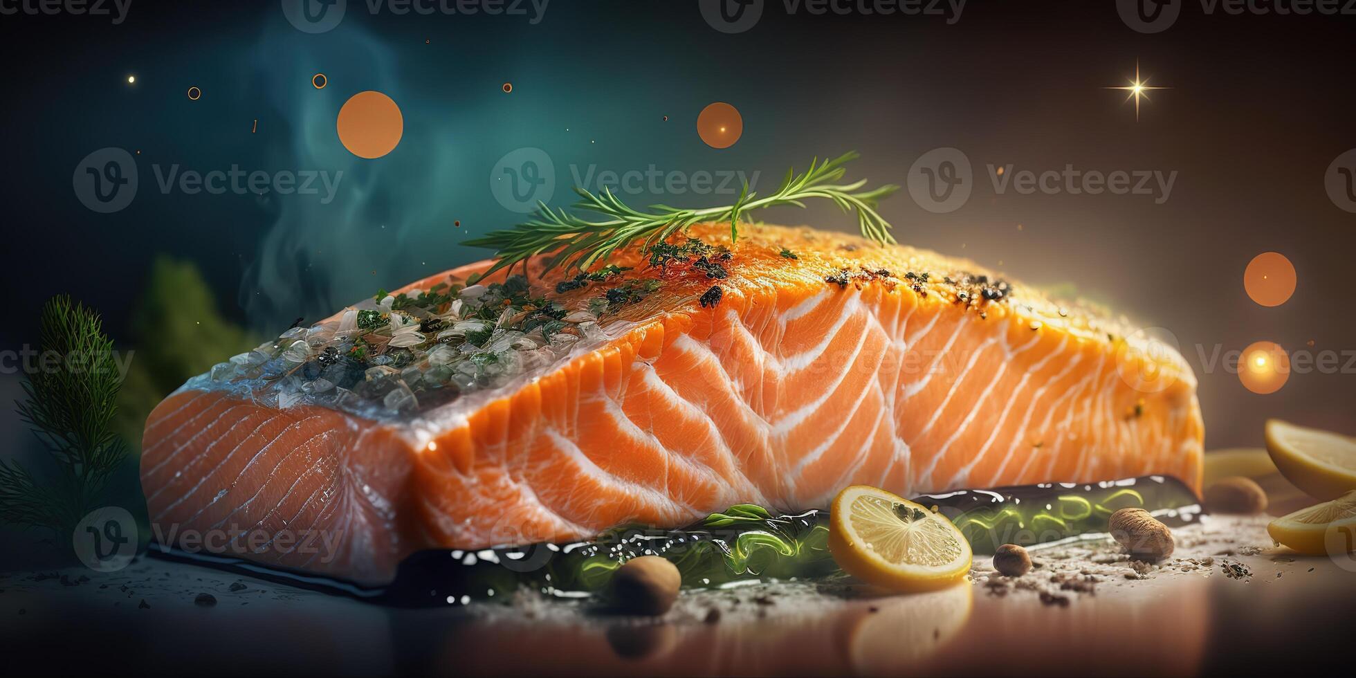 delicious salmon steak juicy on blurred background photo