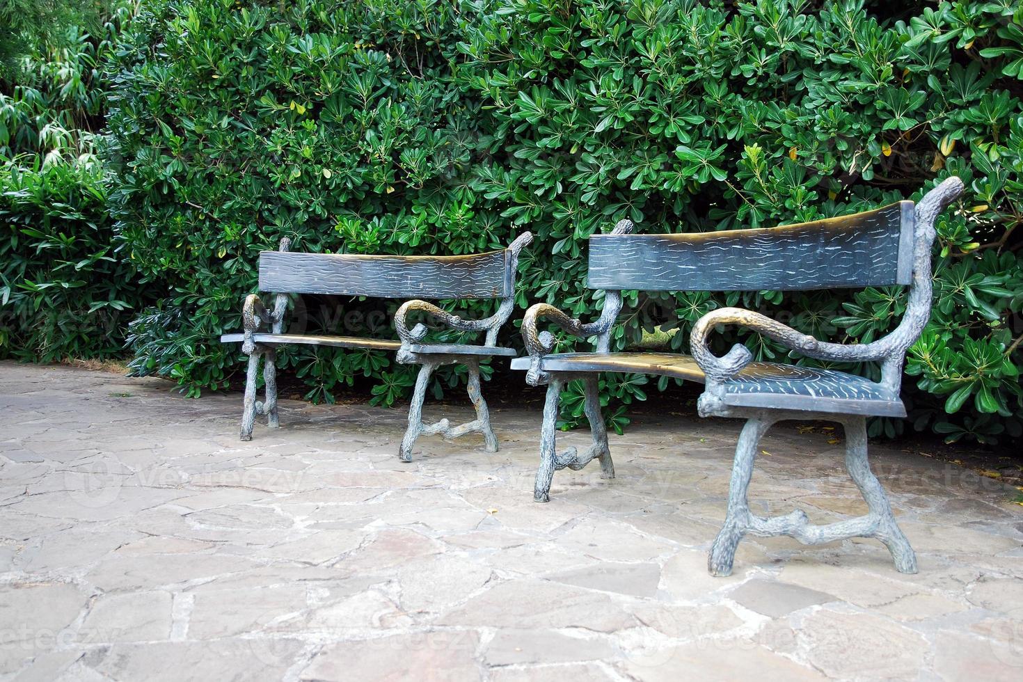 old bronze vintage benches in the park, no people photo