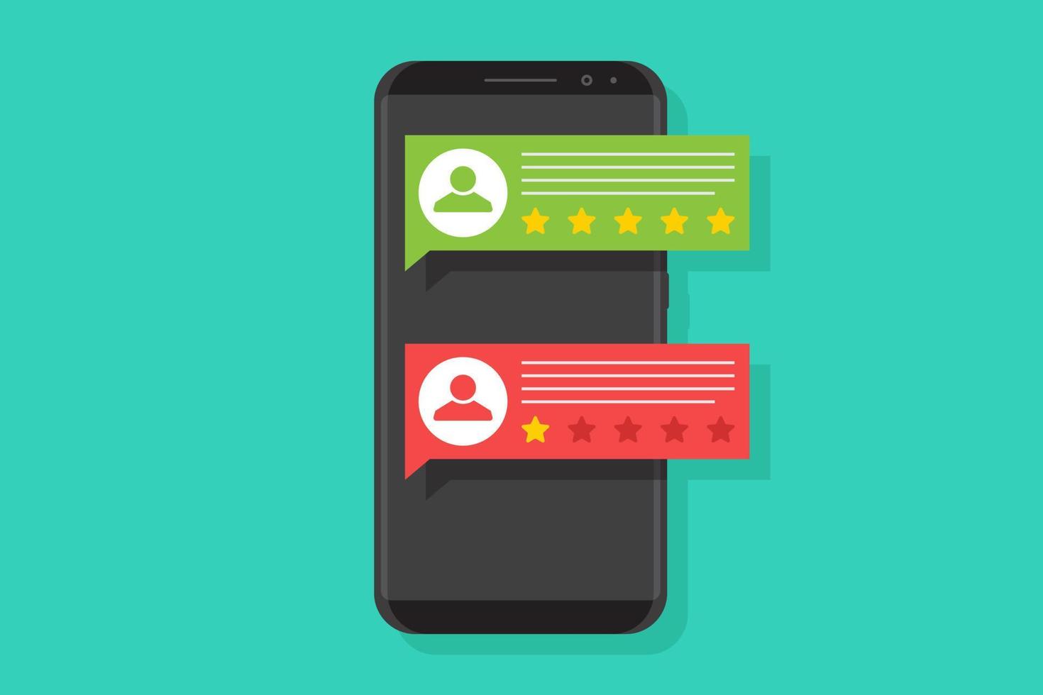 Feedback illustration vector flat, smartphone, good and bad review, star feedback icon on green background, flat design vector iilustration