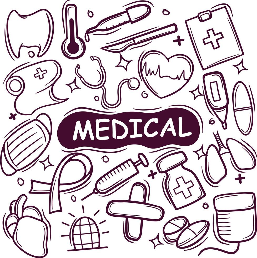 Collection of Medical Doodles. Healthcare Concept. Hand Drawn Vector Illustration