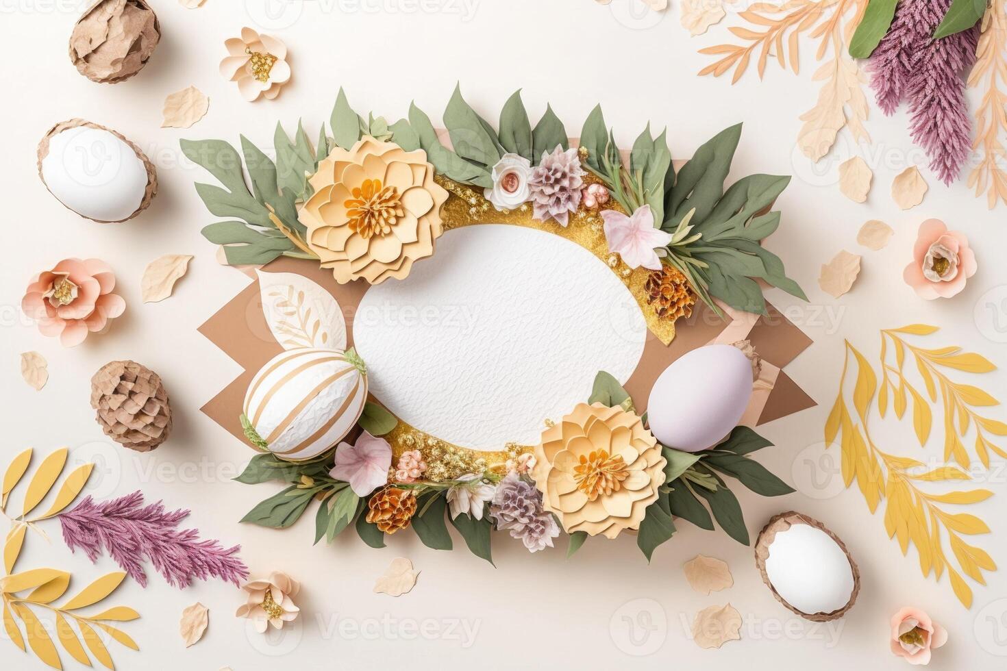 Blank white paper invitation message with flower frame top view Made with photo