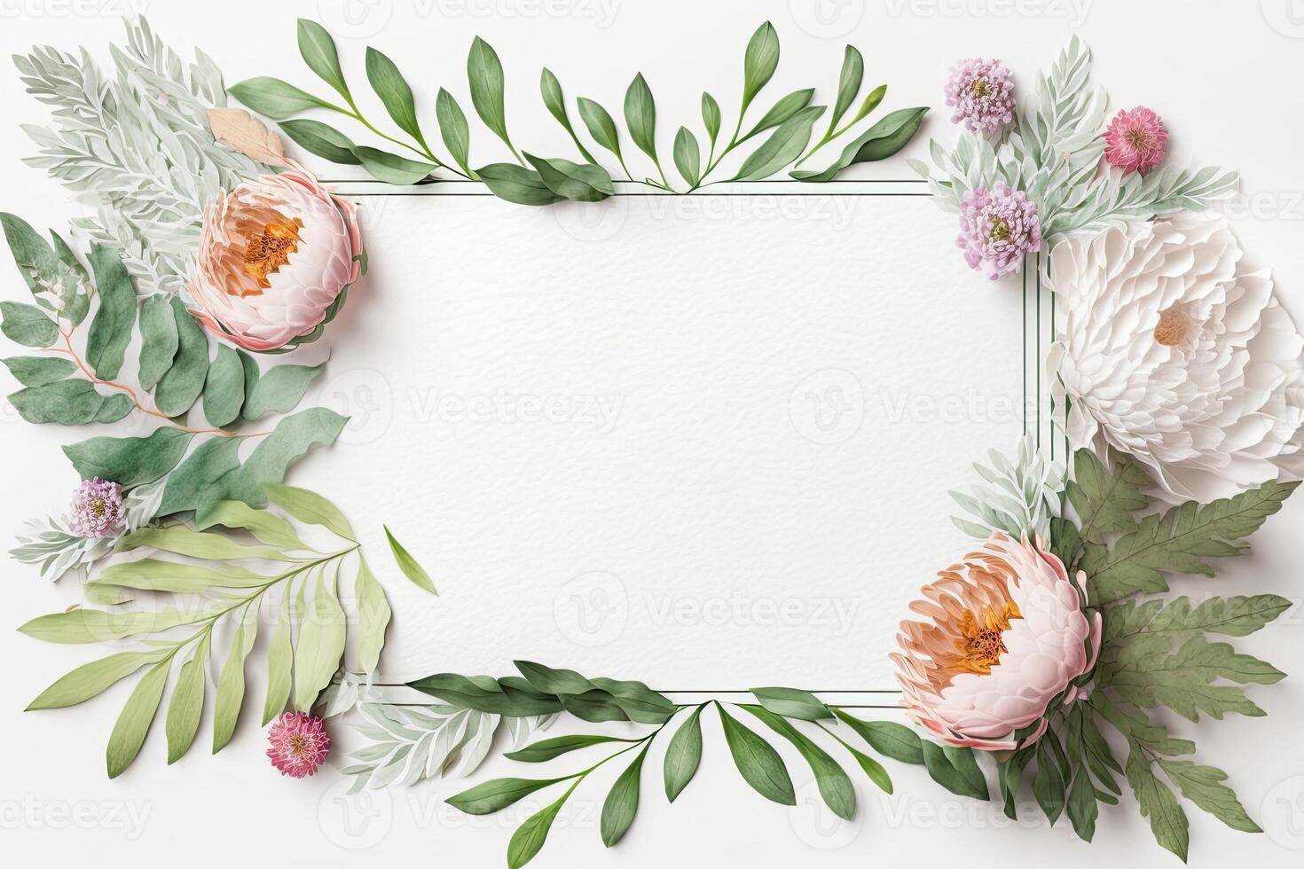 Blank white paper invitation message with flower frame top view Made with photo