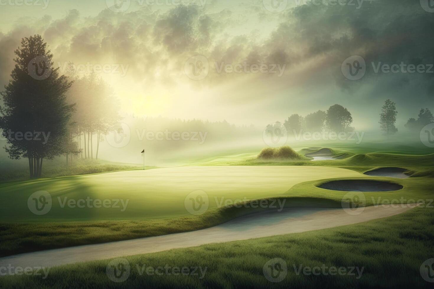 Morning Green golf field with pool with sunlight Made with photo