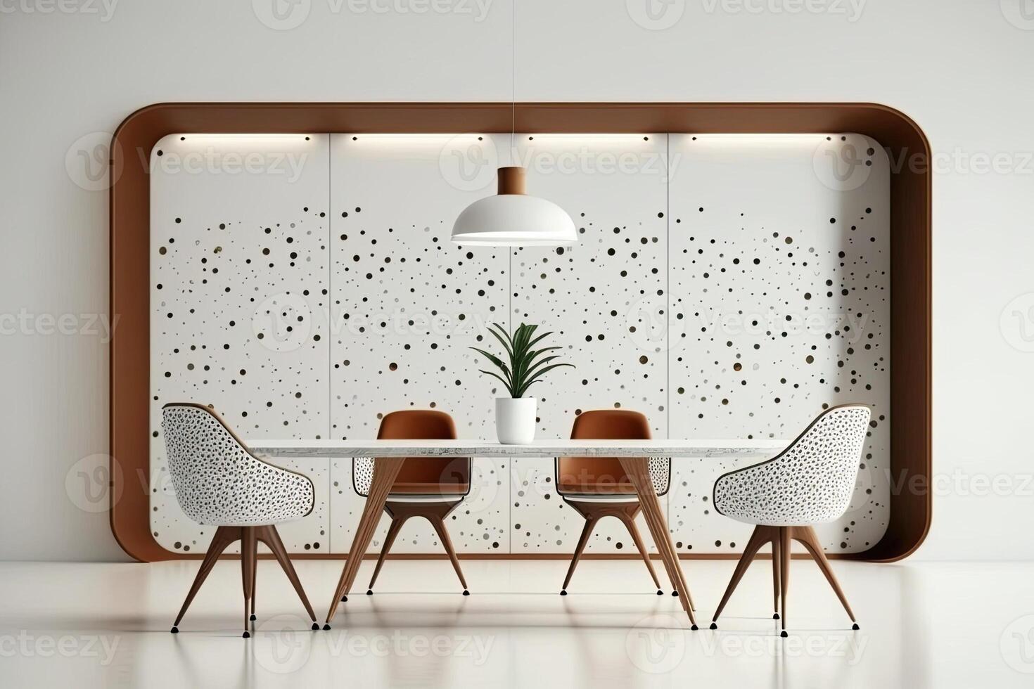 Interior of modern office meeting room black and white with wooden furniture conference table with black chairs and mock up Made with photo