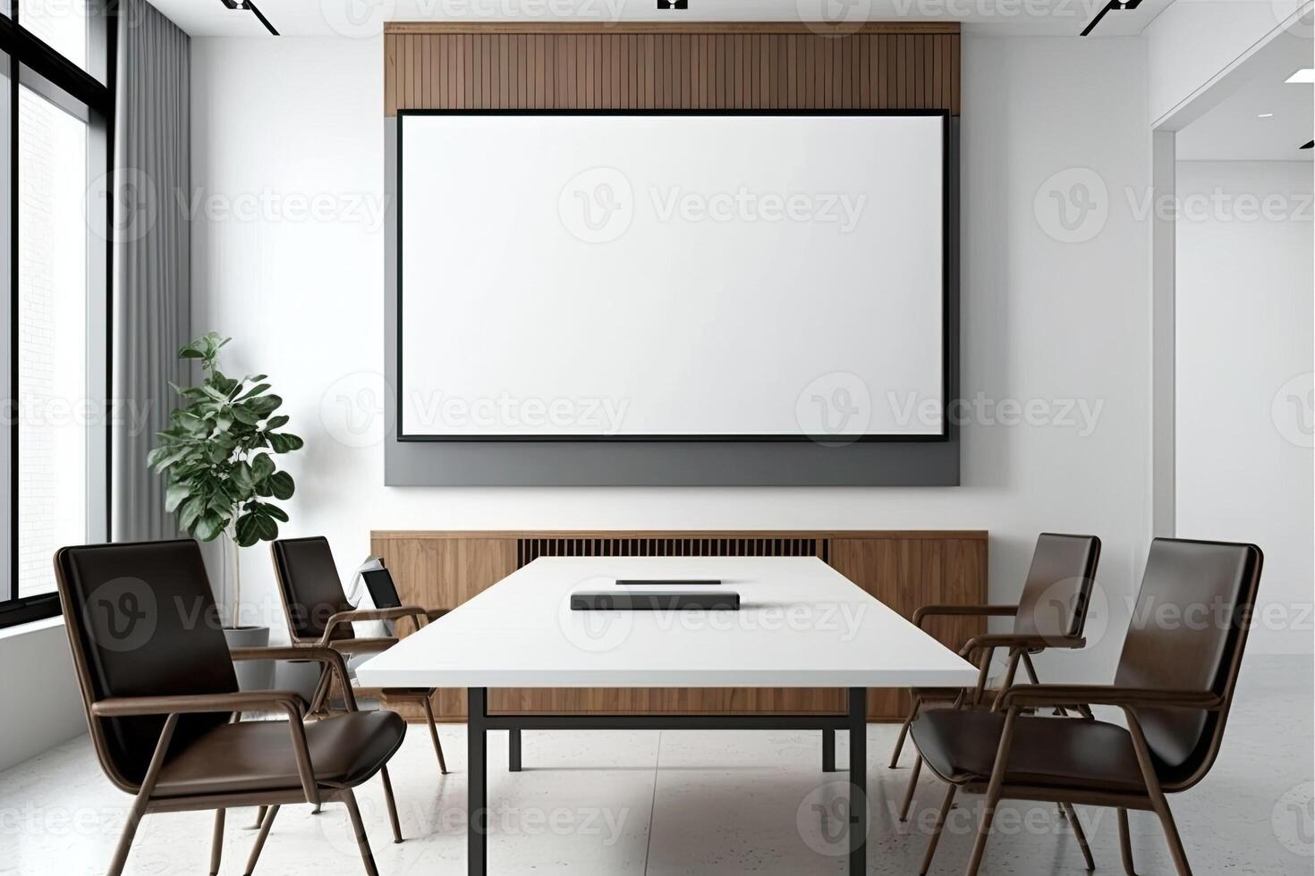 Interior of modern office meeting room black and white with wooden furniture conference table with black chairs and mock up Made with photo