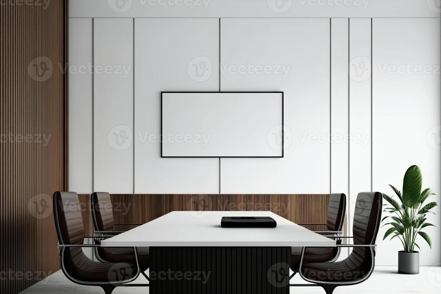 Interior of modern office meeting room black and white with wooden furniture conference table with black chairs and mock up Made with photo