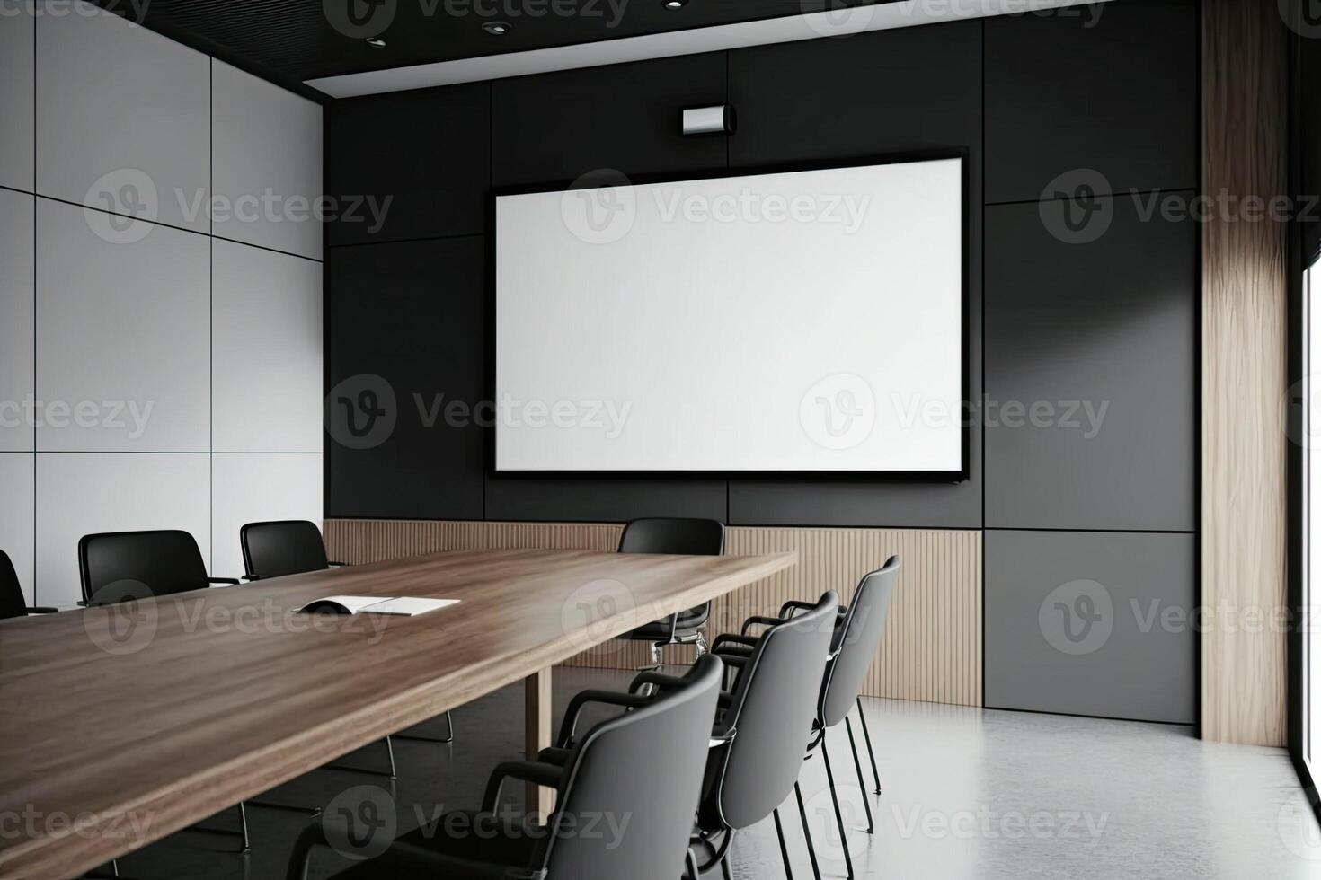 Interior of modern office meeting room black and white with wooden furniture conference table with black chairs and mock up Made with photo
