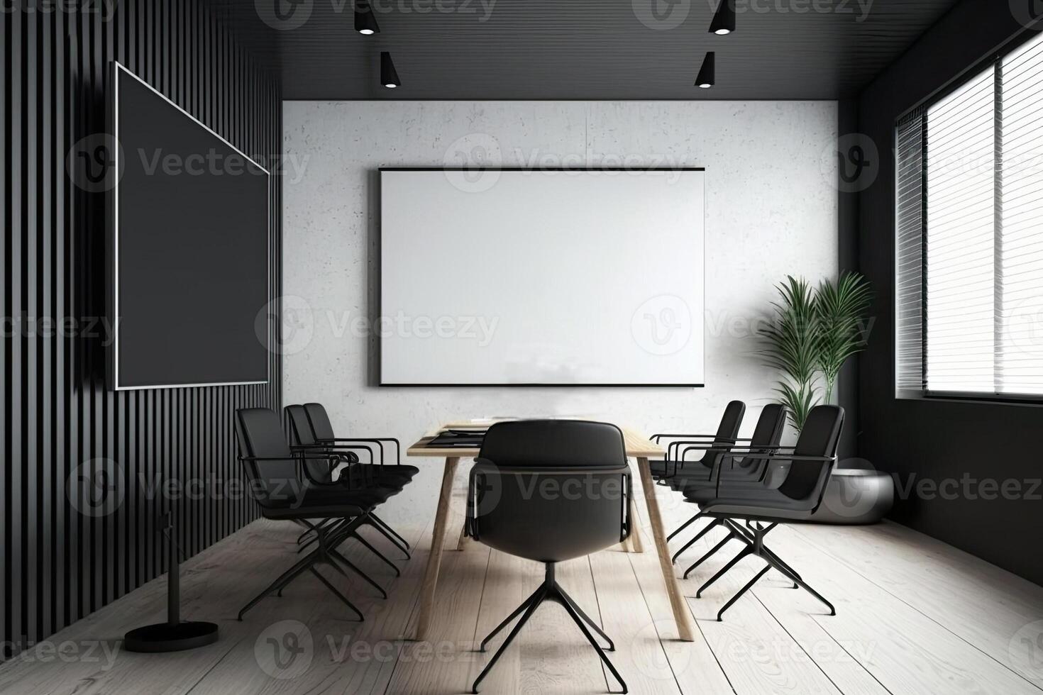 Interior of modern office meeting room black and white with wooden furniture conference table with black chairs and mock up Made with photo
