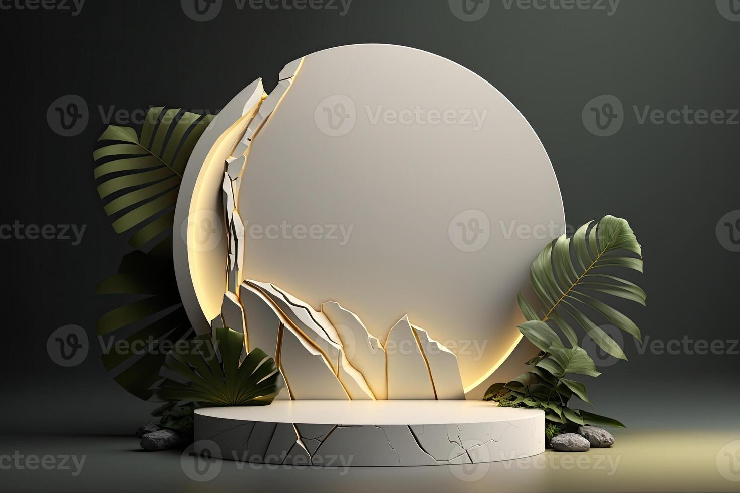 Round empty podium platform product display luxury white gray minimalist tropical plant Made with photo