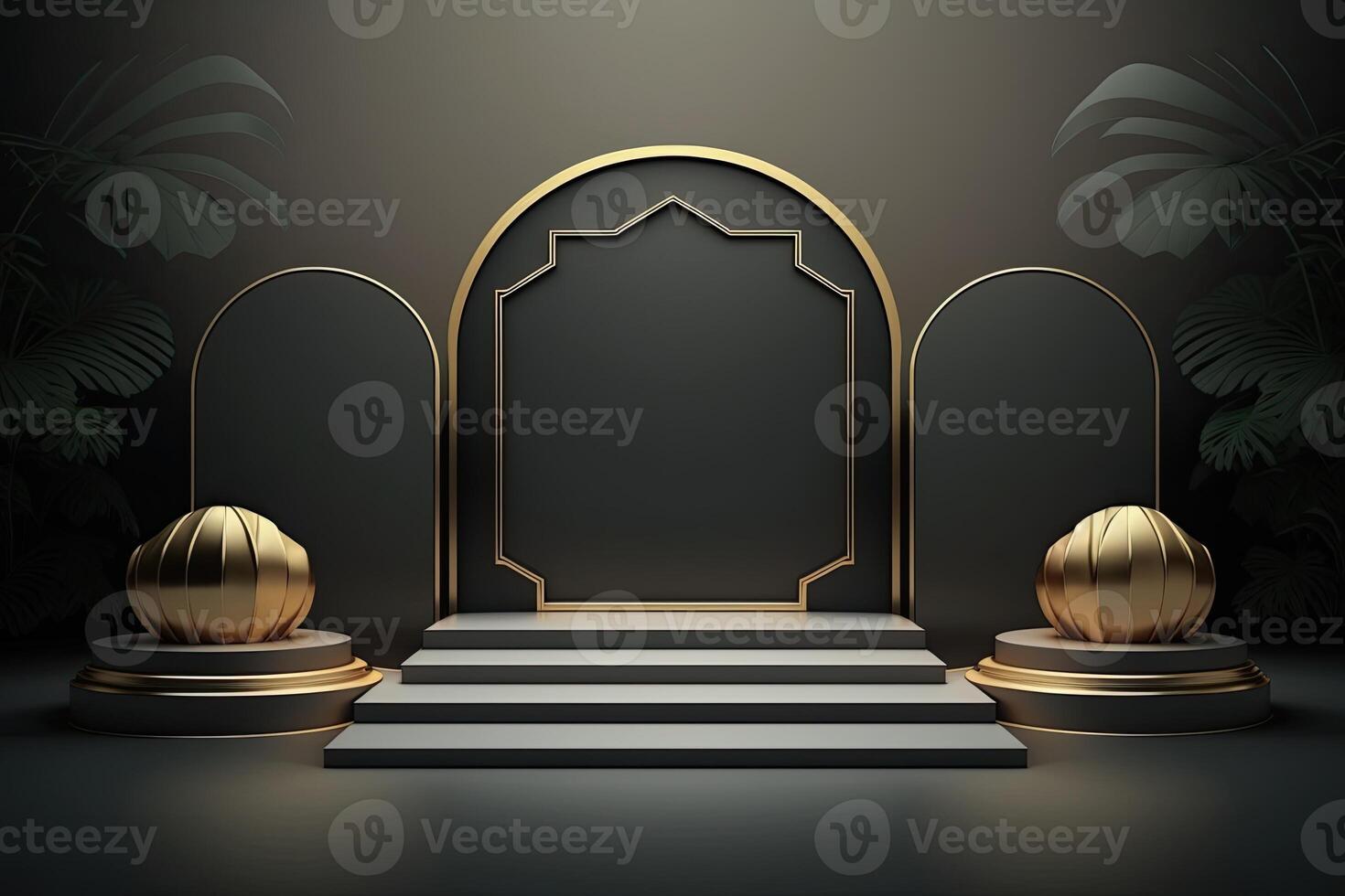 Luxury islamic ramadan podium stage product display green and gold frame photo