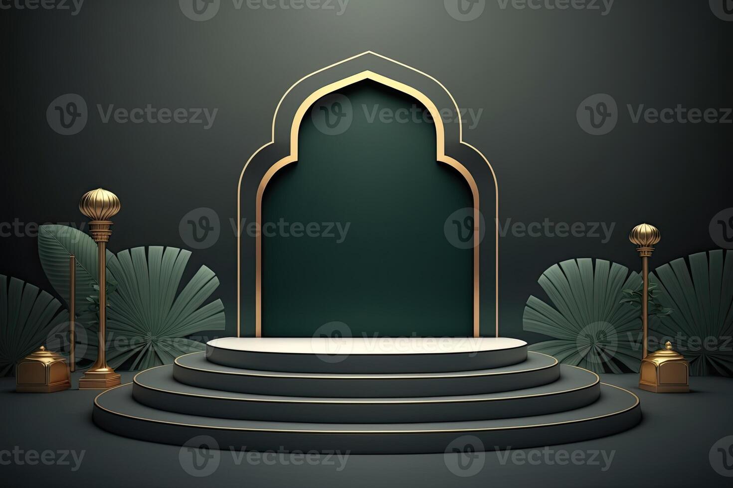Luxury islamic ramadan podium stage product display green and gold frame photo