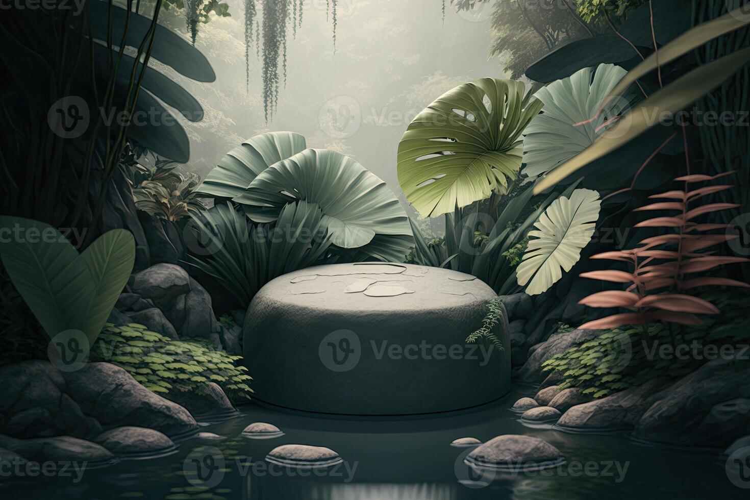 White green empty round podium platform tropical nature plants product showcase photo
