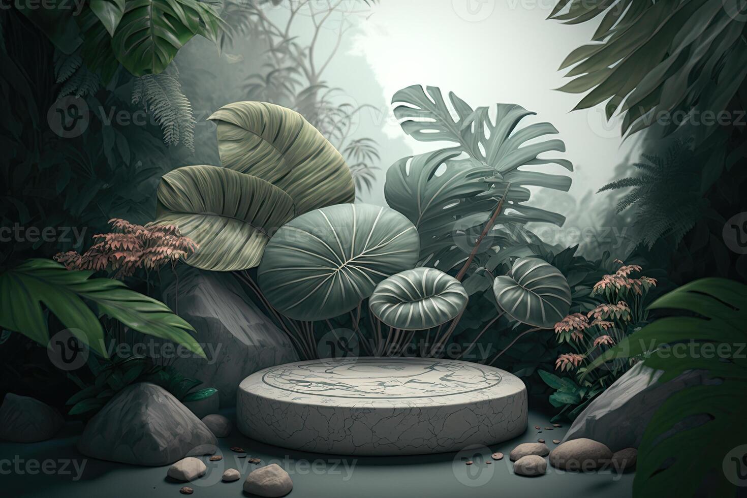 White green empty round podium platform tropical nature plants product showcase photo