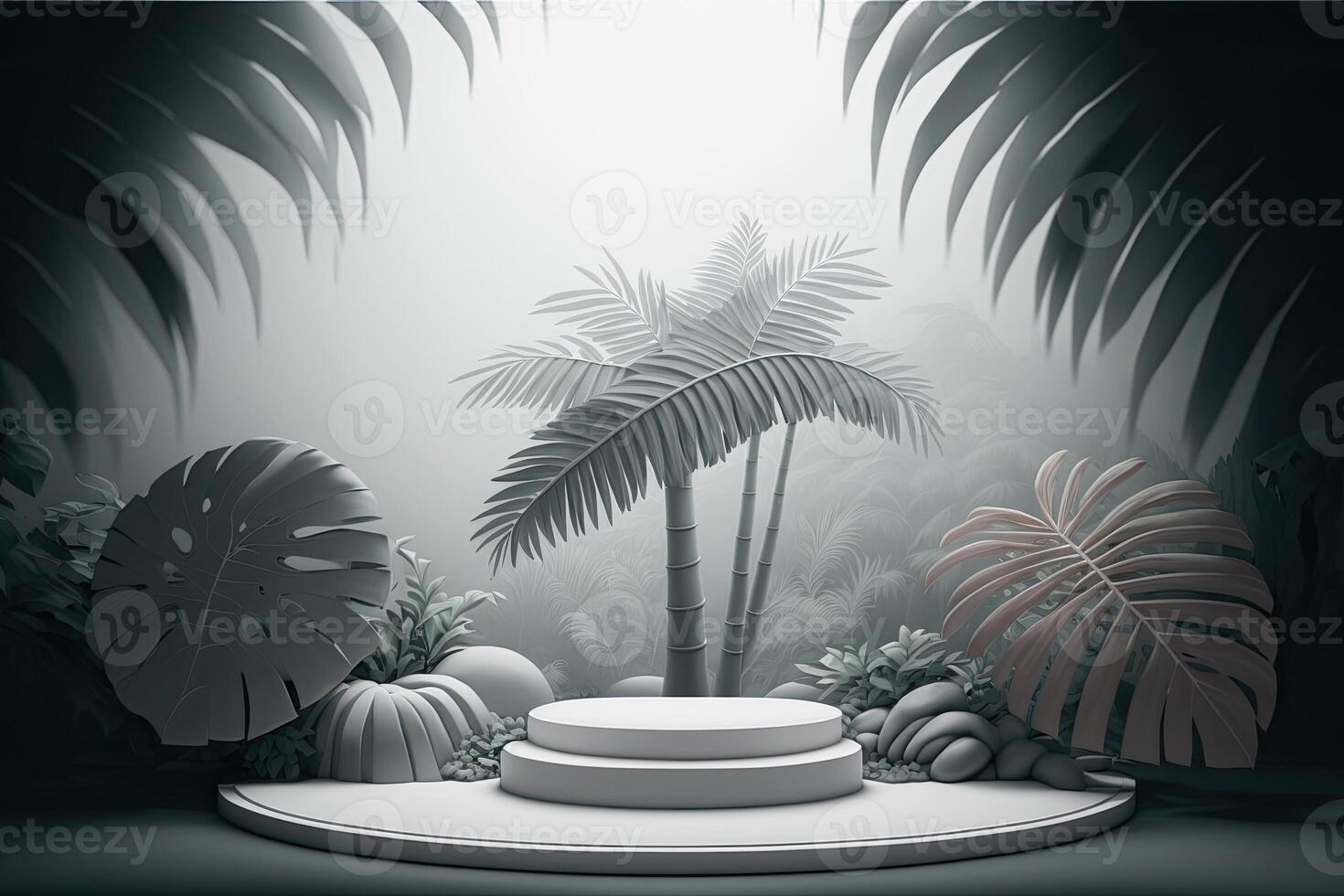 White green empty round podium platform tropical nature plants product showcase photo