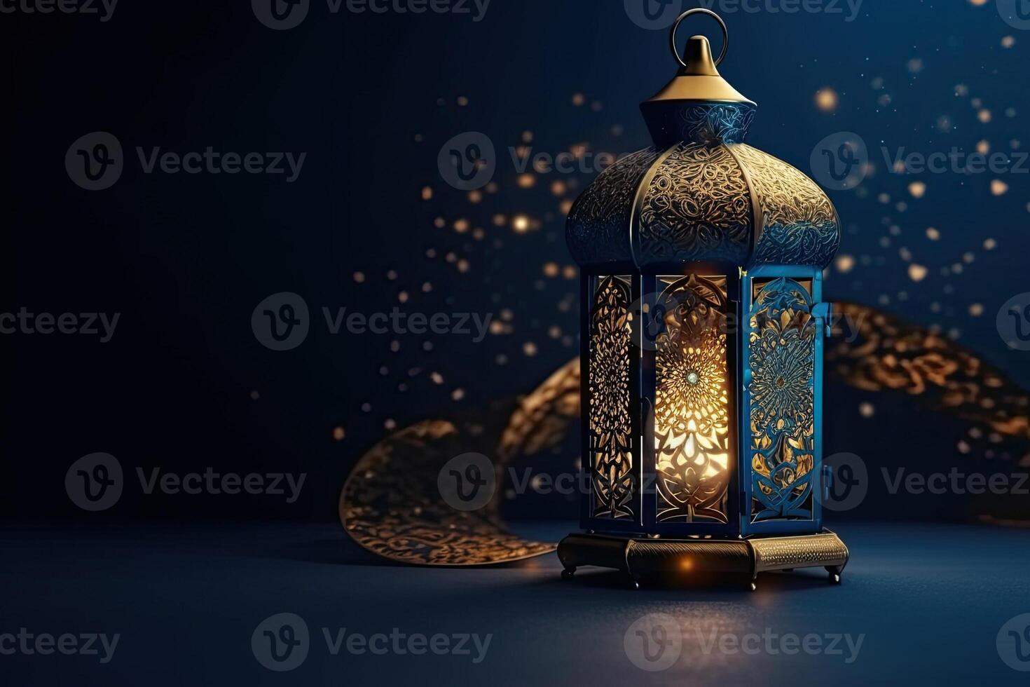 Islamic golden lantern stands with candle light and arabian ornament ramadan kareem background photo