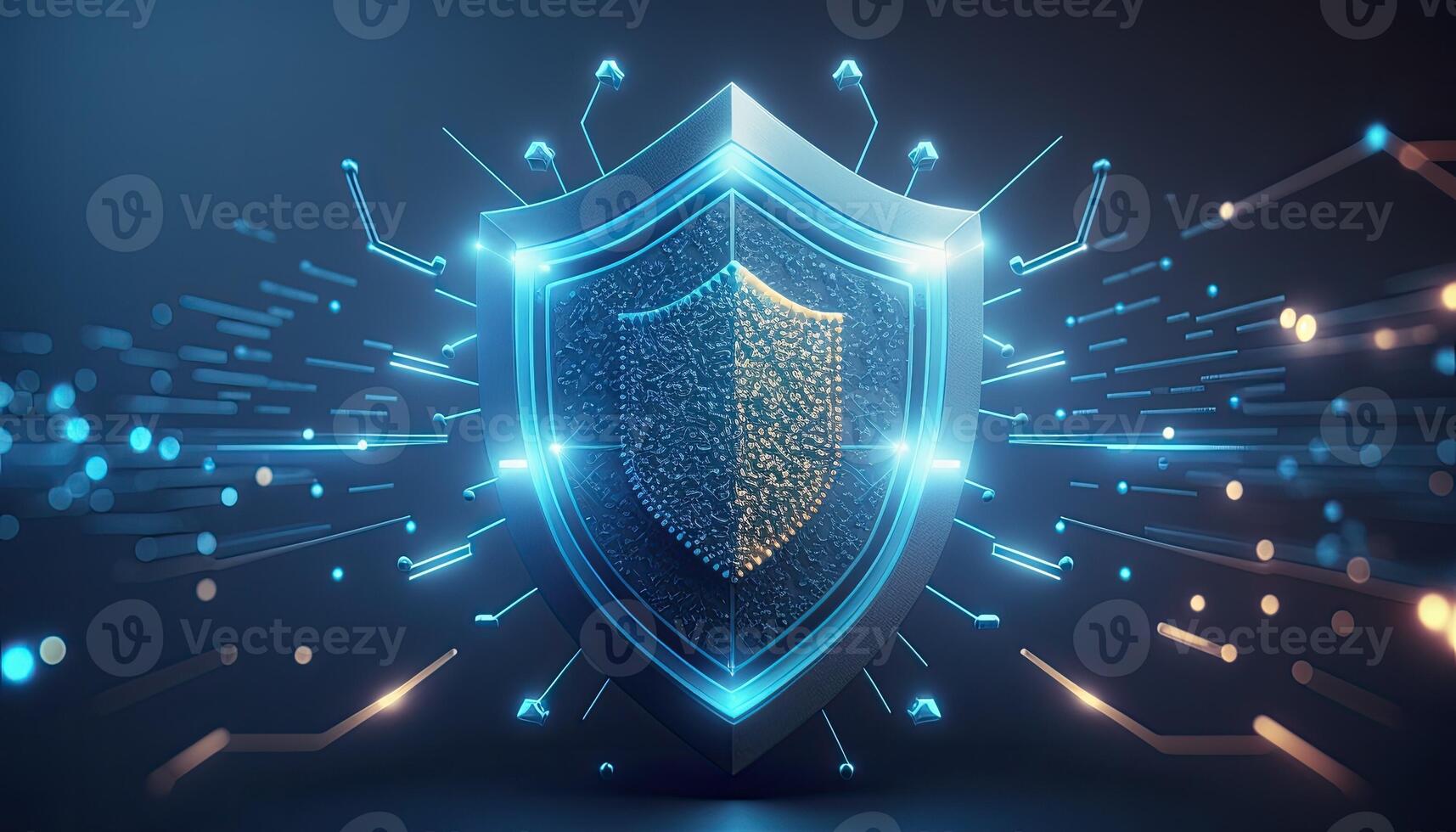 Cyber security digital data protection shield on blue background. Database security software development.Made with photo