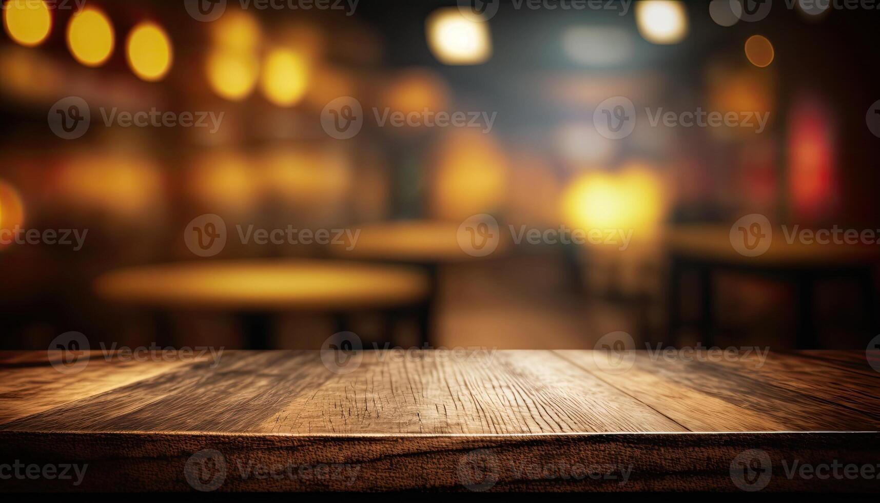 Empty wooden top table blurry cafe bar background Made with photo