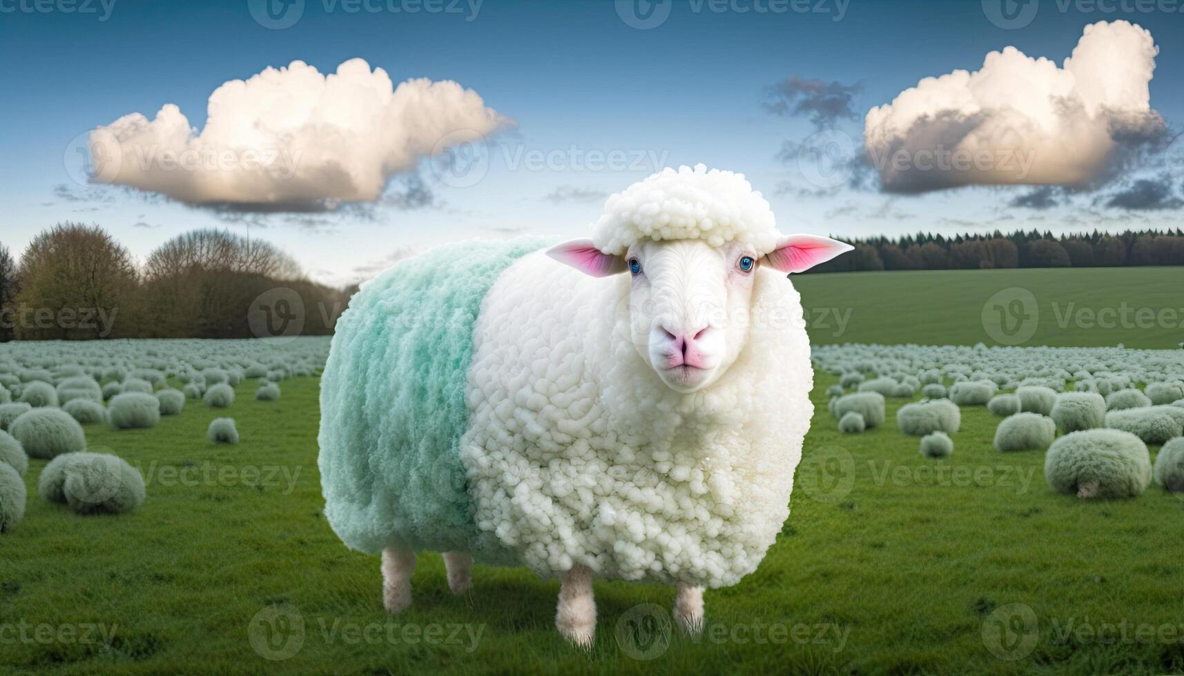 Cute funny fluffy blue and white sheep on a green fields fantasy photo