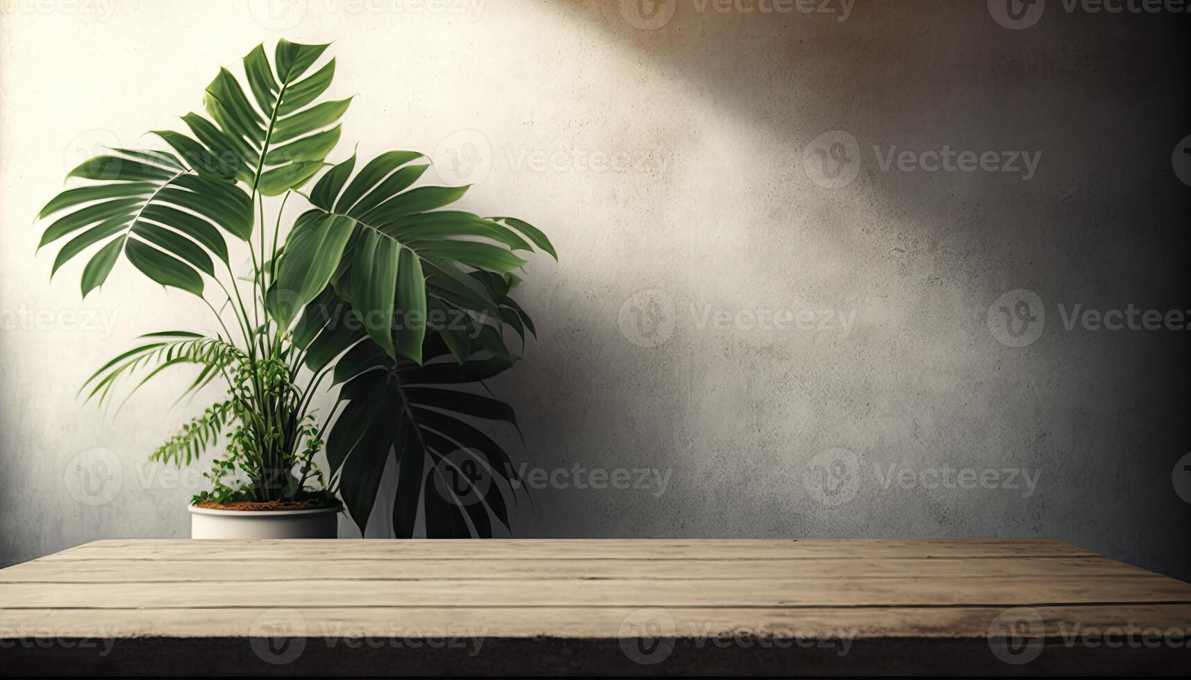 empty wooden table top with a blurry background with tropical plants background photo