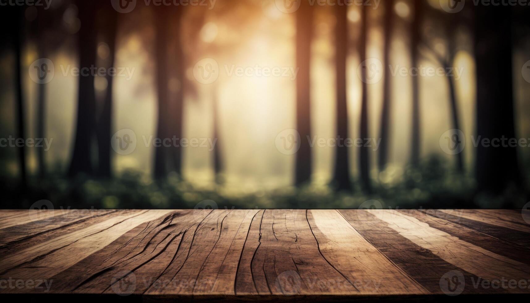 Empty wooden top table blurry trees forest background Made with photo