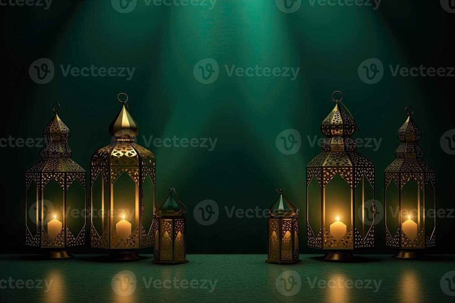 Islamic lantern golden and green luxury ornament ramadan kareem celebration photo