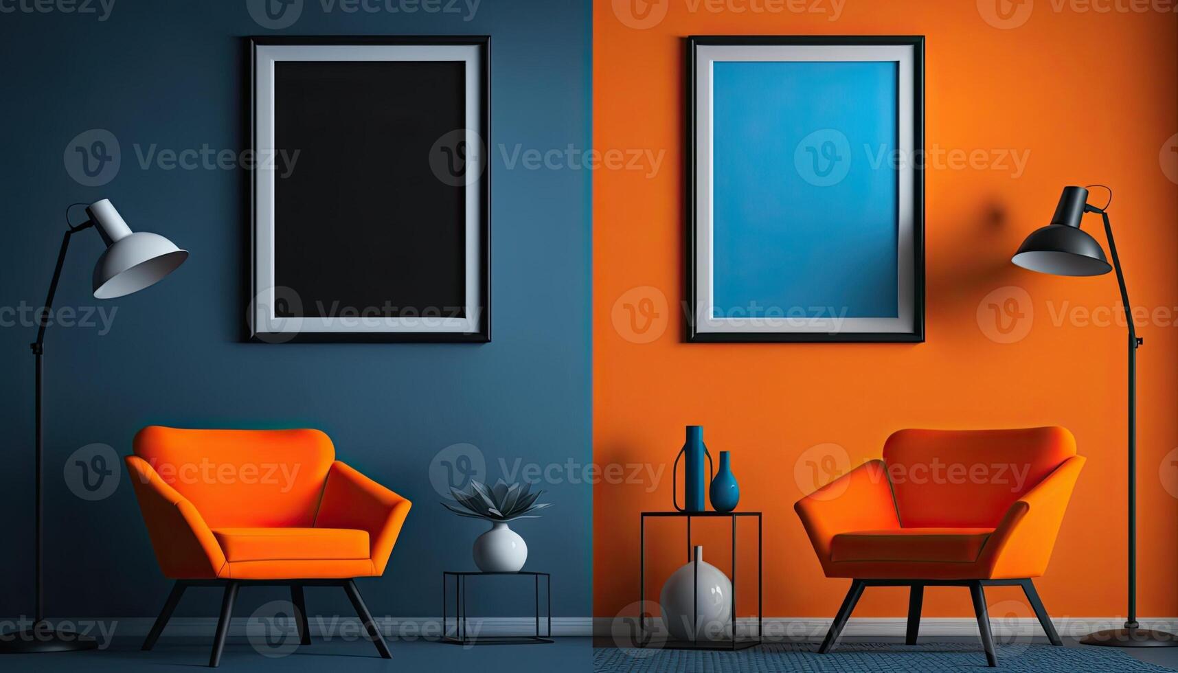 Photo modern living room plants counter frame orange blue background made with