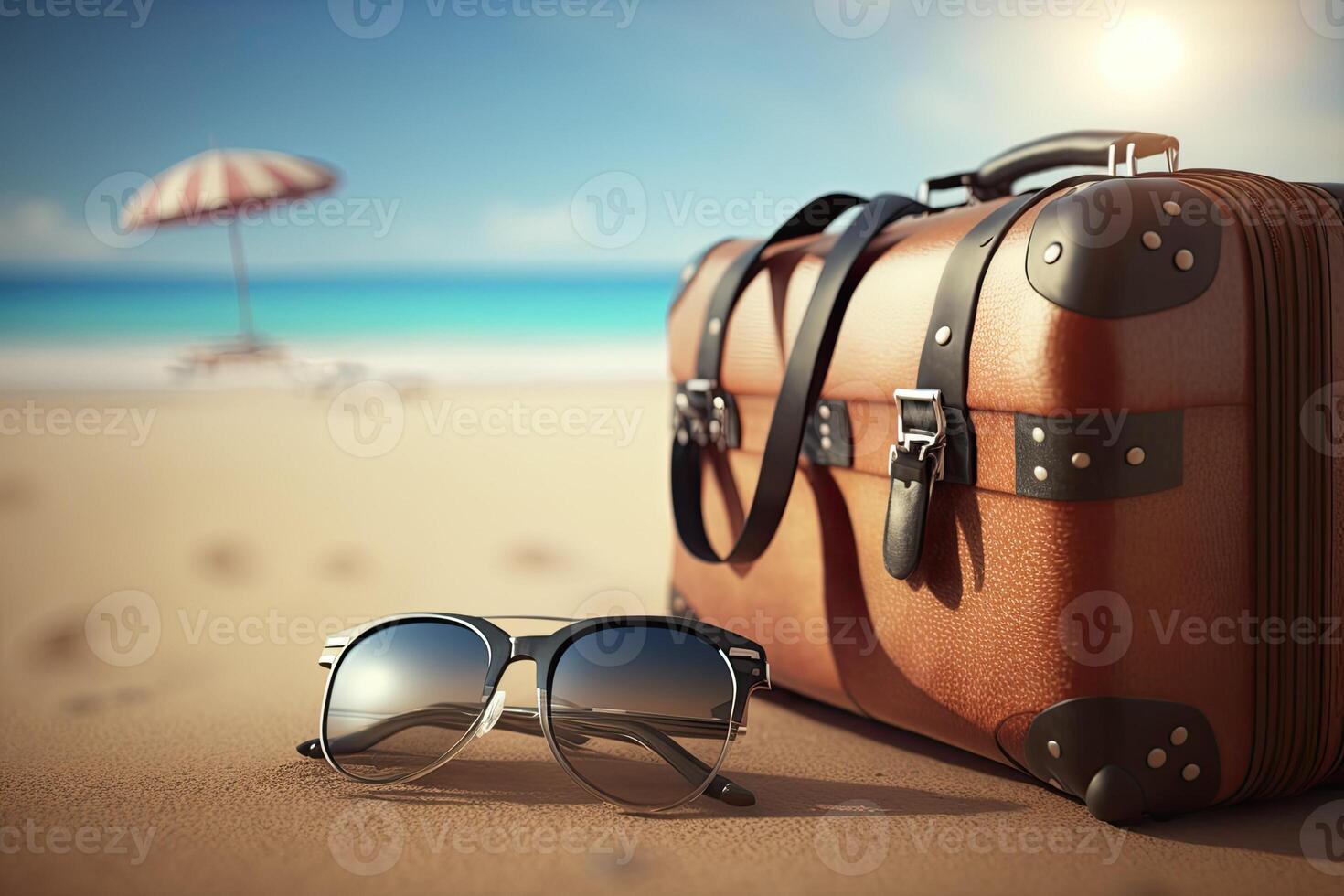 Beach holiday travel suitcase in sunny day Made with photo