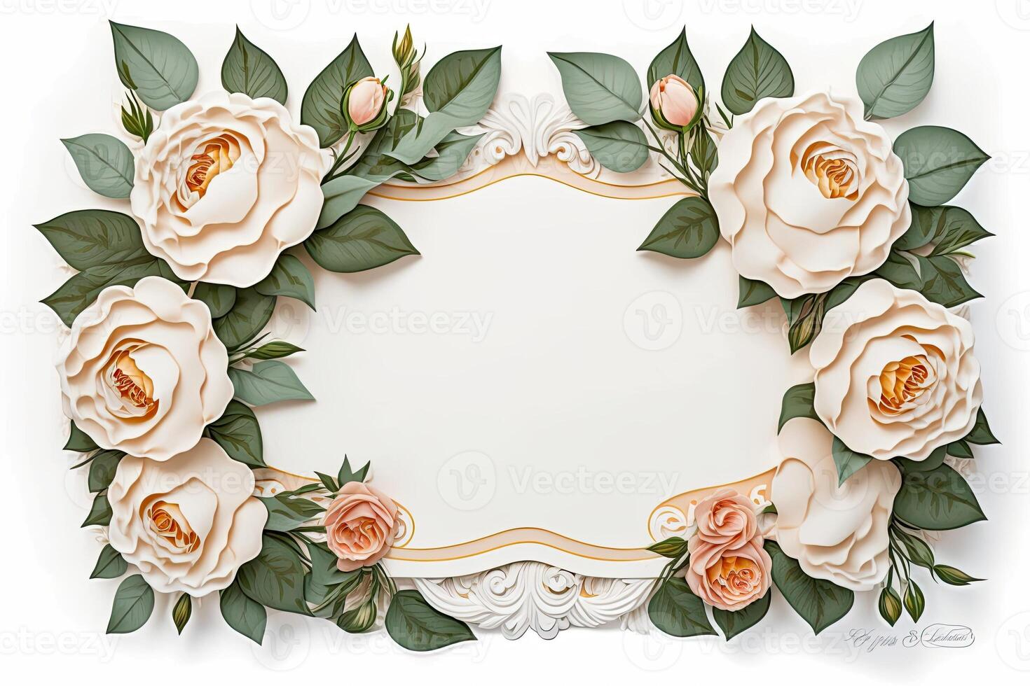 Blank white paper invitation message with flower frame top view Made with photo