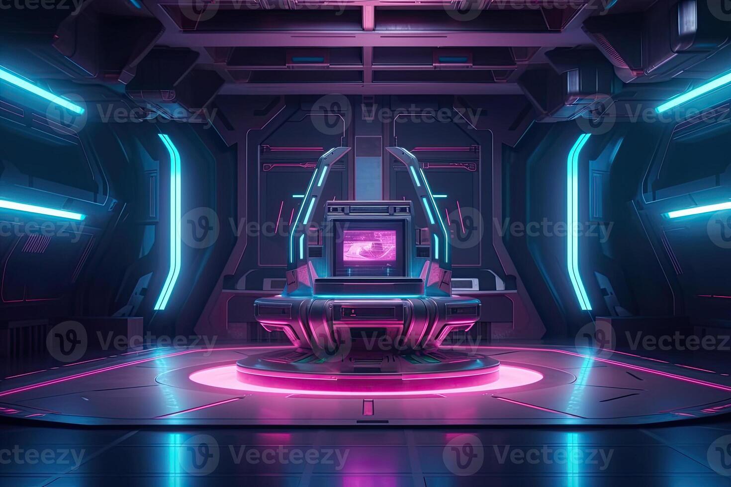 Futuristic corridor hallway tunnel with neon light. Hi-tech sci-fi passageway spaceship background photo