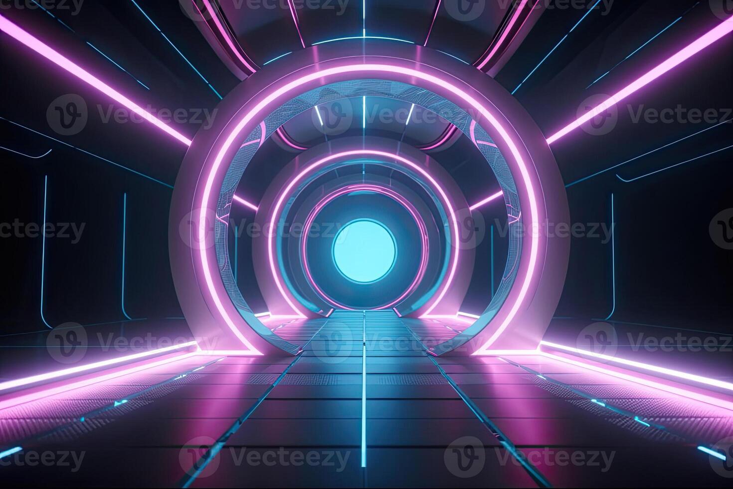 Futuristic corridor hallway tunnel with neon light. Hi-tech sci-fi passageway spaceship background photo