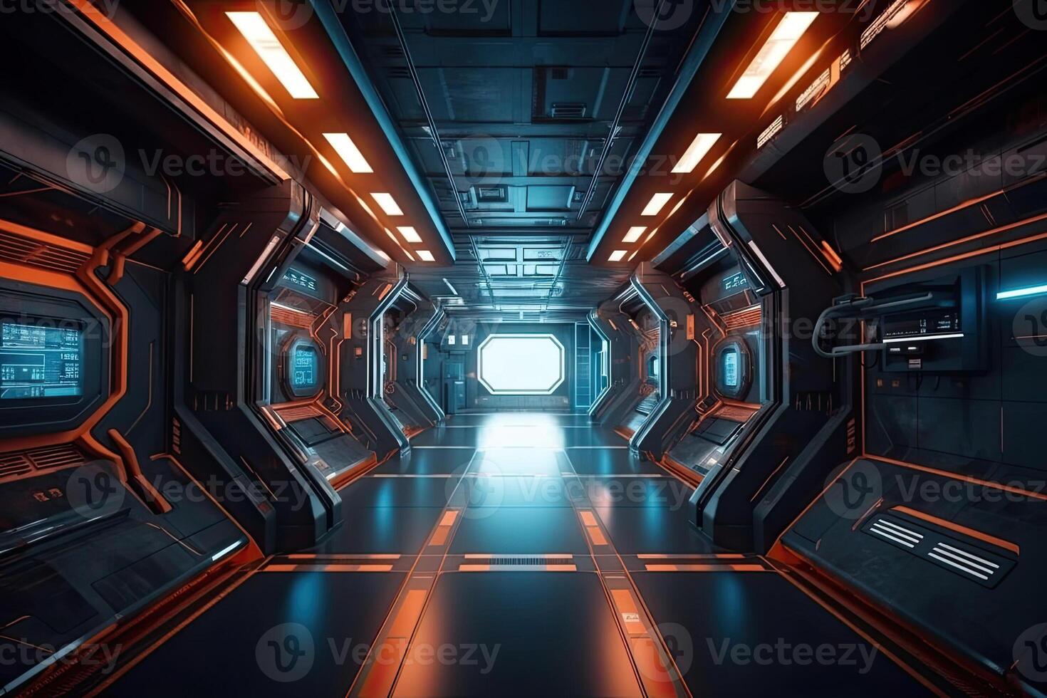 Futuristic corridor hallway tunnel with neon light. Hi-tech sci-fi passageway spaceship background photo