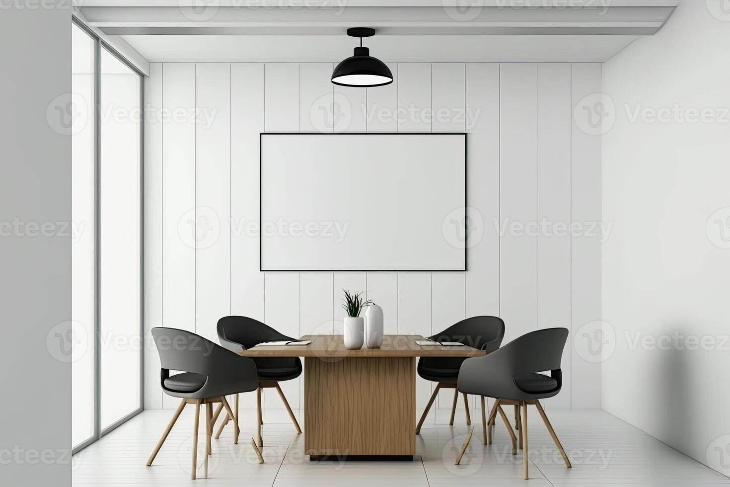 Interior of modern office meeting room black and white with wooden furniture conference table with black chairs and mock up Made with photo