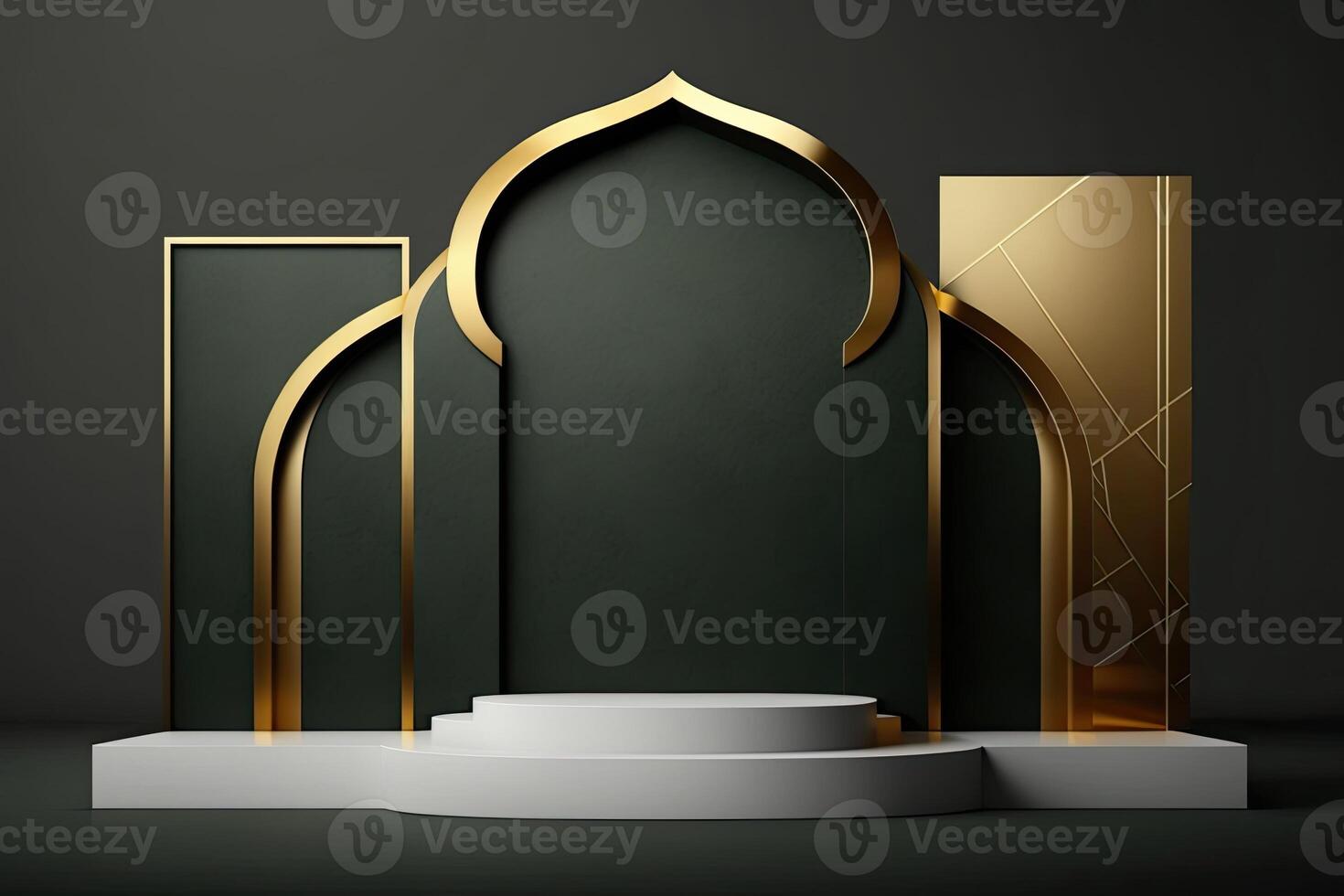 Luxury islamic ramadan podium stage product display green and gold frame photo