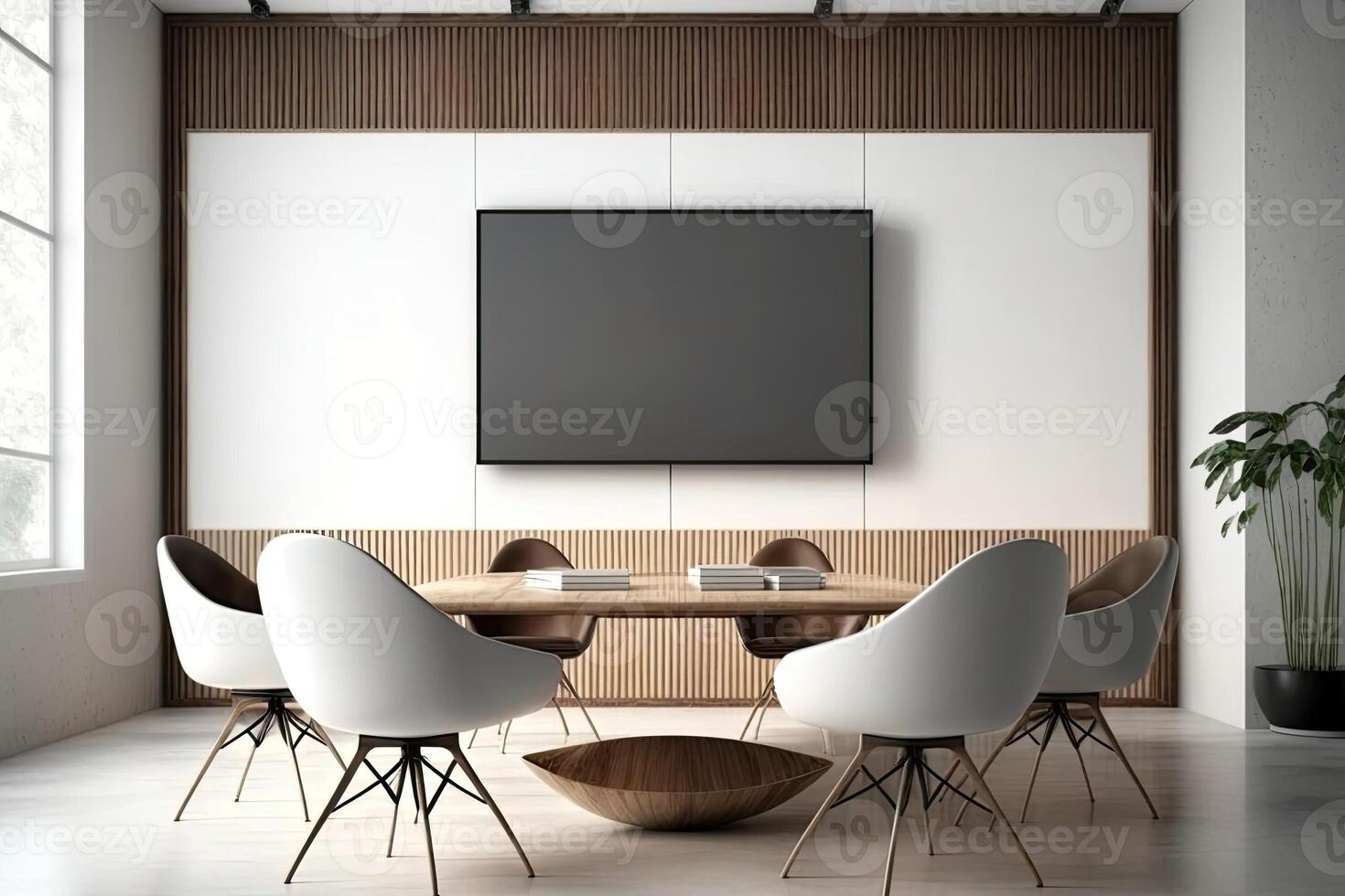 Interior of modern office meeting room black and white with wooden furniture conference table with black chairs and mock up Made with photo