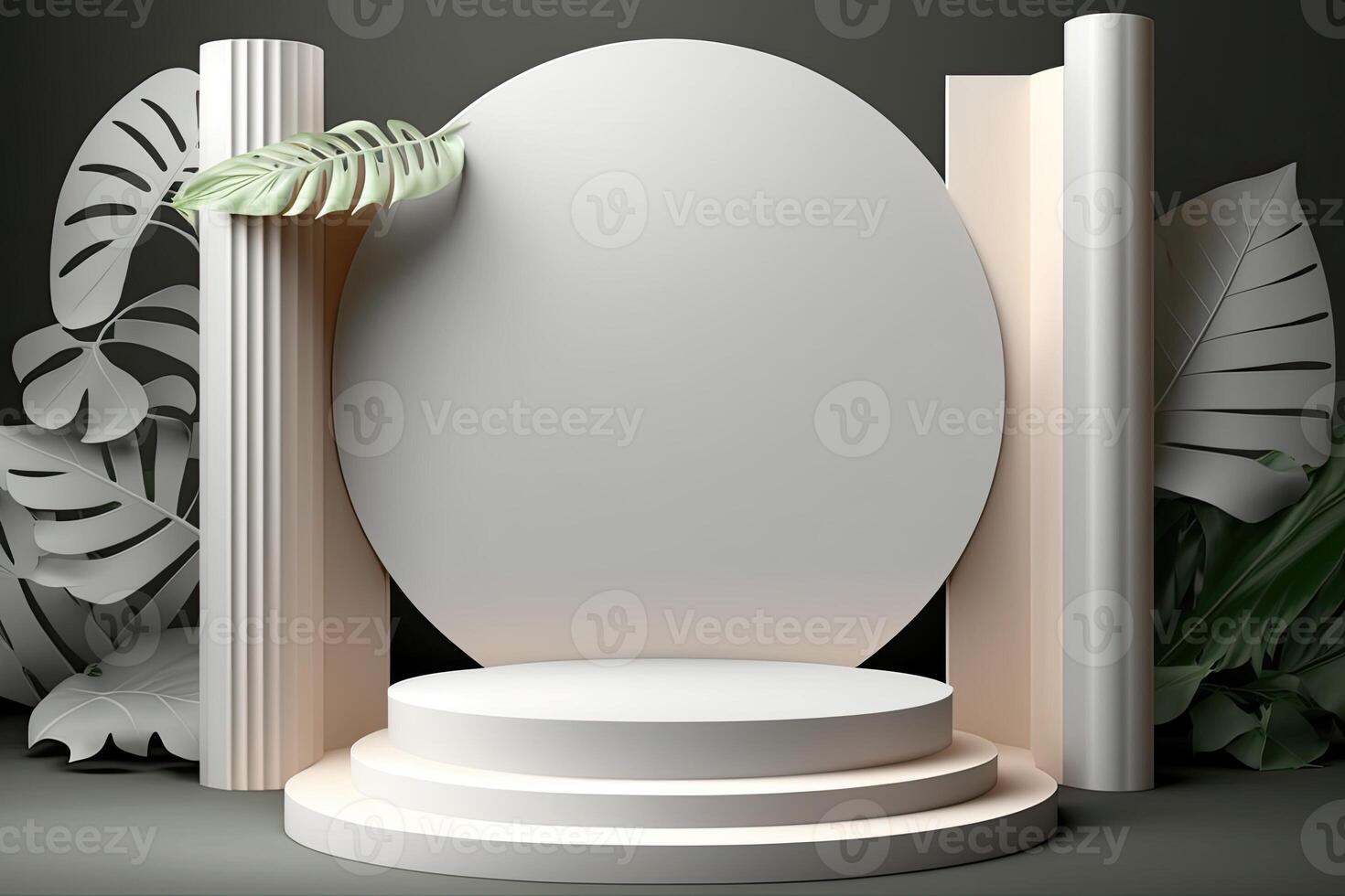 White green empty round podium platform tropical nature plants product showcase photo